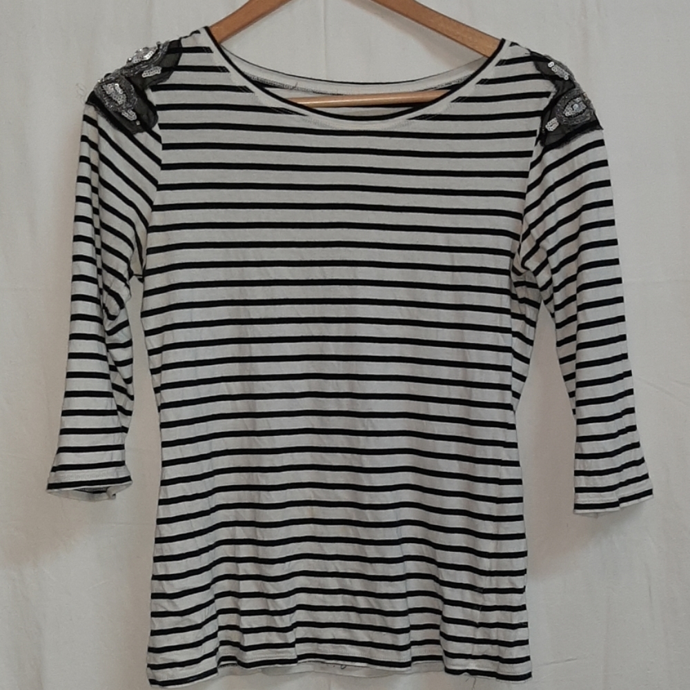 Embellished Black & White Stripe 3/4 sleeve with sequin detail